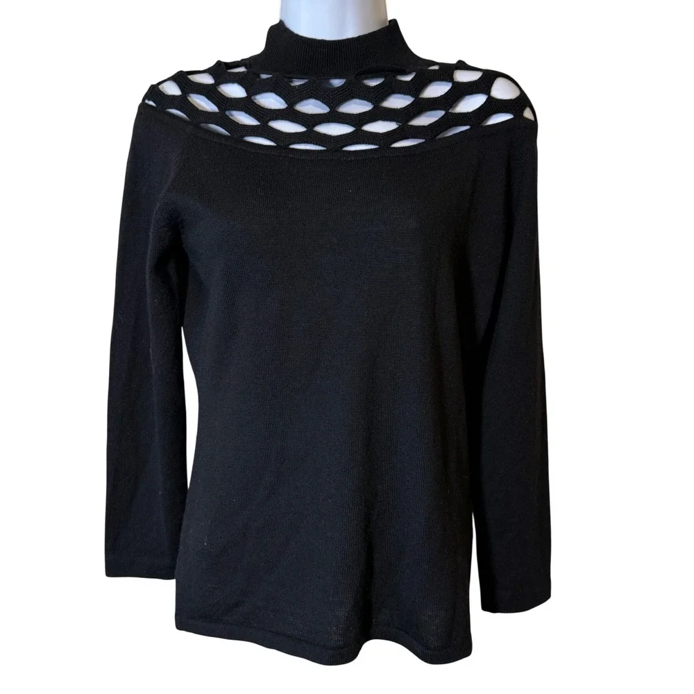 VTG Anne Klein II Black Knit Sweater Top Mock Neck Lattice Cutout Small Petite